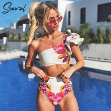 2021 New High Waist Sexy Ruffle Bikini Set Swimsuit One Shoulder Swimwear Women Print Floral Bathing Suit Beach Wear biquini 2024 - купить недорого