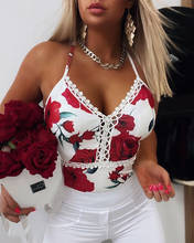 Summer Women Daily Style V Neck Spaghetti Strap Lace Trim Floral Print Sleeveless Corset Crop Top Streetwear Sexy T-Shirts Femme 2024 - buy cheap