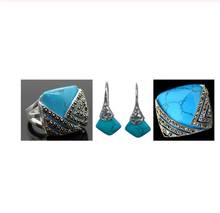 Free shipping Vintage Blue Turquoise 925 Sterling Silver Marcasite Ring (#7-10) pendant and earrings sets 2024 - buy cheap