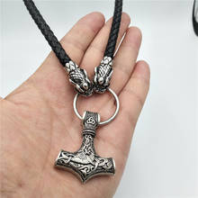 Men stainless steel Wolf head norse viking amulet thor hammer pendant necklace viking Dragon head leather chain 2024 - buy cheap