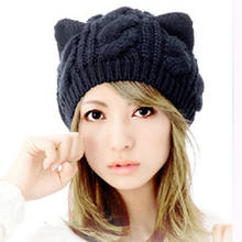 Women Winter Elasticity Knitted Warm Fold Cute Cat Ears Cap Female Wool Acrylic Twist Knit Windproof Black Hat K29 2024 - buy cheap