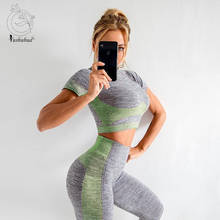 Yushuhua-conjunto de roupas esportivas femininas para academia, roupas fitness para corrida, yoga, top e legging, sem costura, manga curta 2024 - compre barato