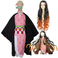 Fantasia de cosplay feminina anime demon slayer, fantasia de kamado nezuko kimetsu no yaiba, uniforme kimono com peruca para festa de halloween 2024 - compre barato