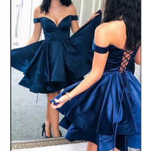 Vestidos de Cóctel cortos azul oscuro para mujer, vestidos de fiesta con hombros descubiertos de satén, baratos, 2020 2024 - compra barato