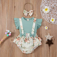 Summer Newborn Infant Baby Girls Short Sleeve Solid Colors Tops+Floral Printed Suspender Shorts Bow Heandbands Outfits Set#p4 2024 - buy cheap