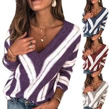 Suéter de manga larga a rayas para mujer, Jersey holgado con cuello en V, talla grande 2024 - compra barato