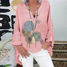 Blusa de linho feminina plus size 40 #, blusa de linho solta sexy com decote em v de manga comprida e estampa floral, camisa pulôver top ру 2024 - compre barato