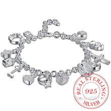 13 Charms 925 Sterling Silver Cross Lock Key Heart Star Moon Flower Zircon Bracelet Bangle Women's Fine Jewelry Accessories 2024 - buy cheap