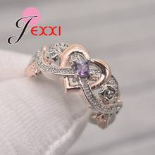 Conjunto de anillos de boda románticos para mujer y niña, de Plata de Ley 925, corazón de cristal Cz, flor rosa, joyería gótica, anillo de regalo 2024 - compra barato