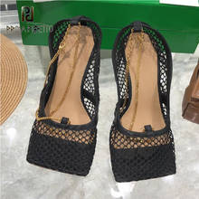 2021 new ladies summer French design sandals sexy black lace hollow mesh square toe metal chain high-heeled shoes 2024 - buy cheap