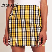 Bazaleas harajuku fino tartan feminino saia de linha a amarelo xadrez saias das mulheres streetwear split curto mini saia 2024 - compre barato