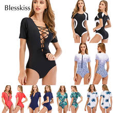 BLESSKISS Sport Swimsuit Women One Piece Swimwear 2021 Hot Sexy Short Sleeve Onepiece Surfing Swimming Suit Trikini Bathing Suit 2024 - buy cheap