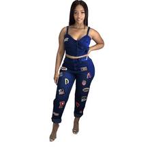 DPSDE-Conjuntos de estilo hip hop para mujer, top corto sin mangas, botones, pantalones largos estampados, pantalones vaqueros de dos piezas 2020 2024 - compra barato