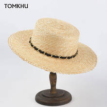 Women Summer New Wheat Straw Hand-knitted Hat Fashion PU Chain Decoration Flat Top Hat Beach Sunscreen Hats For Men Women Caps 2024 - buy cheap