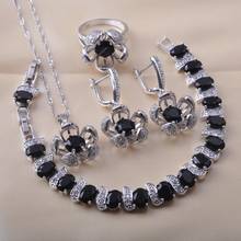 Conjuntos de joyería de Color plateado para mujer, pulsera de circonita negra, pendientes, anillo de estilo ruso, QS0618 2024 - compra barato