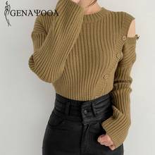 Genayooa Off The Shoulder Knit Sweater Pullover Long Sleeve O Neck Slim Sweaters For Women Irregular Vintage Jumper Ladies New 2024 - buy cheap