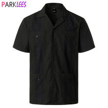 Camisa de manga corta con cuello de solapas para hombre, camisa masculina holgada informal con bordado tradicional de campamento cubano, color negro, para vacaciones en la playa 2024 - compra barato