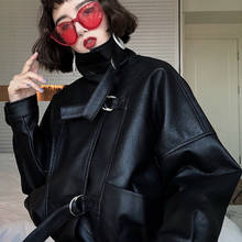 Jaqueta de couro sintético feminina grande, manga morcego, casaco curto de motociclista, zíper pu, casaco preto, primavera, rua, casaco de couro py102 2024 - compre barato