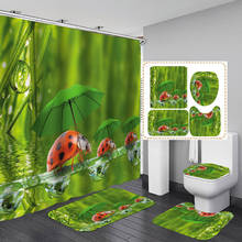 Cute Ladybug Family Polyester Fabric Shower Curtain Non-Slip Bath Mat Toilet Lid Cover Rugs Green Cartoon Bathroom Decor Set 2024 - buy cheap