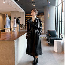 Jaqueta transpassada de couro pu feminina, casaco longo com gola solta, bonito, preto, motocicleta, para primavera, 2021 2024 - compre barato