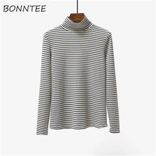 Camiseta feminina gola alta solta listrada, manga longa, elegante, estilo coreano, casual, estudante 2024 - compre barato