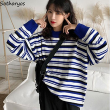Women Pullover Sweaters Striped Simple All-match Streetwear Chic Retro Trendy Loose Casual Knitted Japan Style Harajuku Cool New 2024 - buy cheap