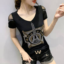 #5928 Black Blue Mesh T Shirt Women Diamonds Sexy Tight T-shirt Women Hollow Out See Through T Shirt Female V Neck Summer Tops 2024 - buy cheap