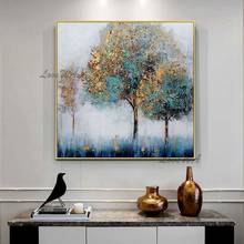 Pintura abstracta de árboles modernos para decoración del hogar, cuadro pintado al óleo sobre lienzo, de mano en azul y dorado, sin marco, para regalo 2024 - compra barato