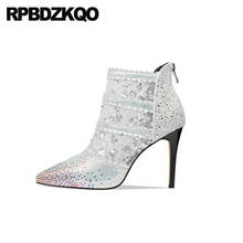 Botas de noiva com lantejoulas, sapatos da moda para mulheres, bico fino do tornozelo, salto alto, brilhante, branco, sexy 2024 - compre barato