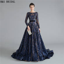 Navy Blue Long Sleeves Prom Dresses Sequins dress prom Backless prom dresses 2019 evening gowns robe de soiree formal dress 2024 - buy cheap