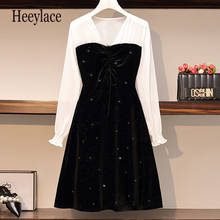 Vestido vintage de veludo para mulheres, plus size, decote em v, patchwork, manga longa, lantejoulas, preto, elegante, feminino 2024 - compre barato