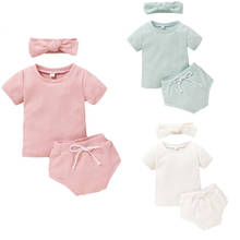 2020 roupas de verão do bebê 3 pçs recém-nascido da criança roupas da menina do bebê camiseta calças superiores shorts bandana com nervuras roupa sólida 6m-3t 2024 - compre barato