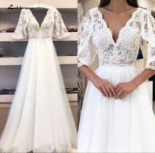 White Tulle Boho Wedding Dress 2020 Robe Chic Bridal Wedding Gowns with Lace Half Sleeves Vestidos A Line Beach Wedding Dresses 2024 - buy cheap