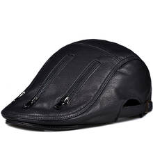 Boina de piel auténtica para hombre, gorro de piel de cabra, fino, con cremallera coreana, informal, negro, novedad 2024 - compra barato