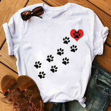 Camiseta estampada de pata de cachorro, camiseta curta casual feminina com gola redonda, coração e criatividade no verão 2024 - compre barato