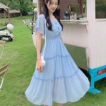 Vestido largo informal de chifón para mujer, traje de fiesta Vintage de Hada, color azul y verde, elegante, estilo coreano, para verano, 2021 2024 - compra barato