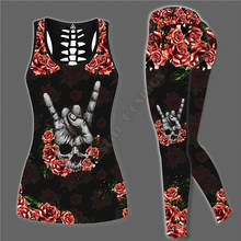 Skull tattoo Sunflower Leggings and Hollow out Tank Top Suit Sexy Yoga Fitness Soft Legging Summer Women For Girl 2024 - buy cheap