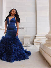 2021 Royal Blue Prom Dresses Sexy Deep V Neck Sleeveless Mermaid Ruffles Organza Skirt Formal Evening Gowns Long Party Dresses 2024 - buy cheap