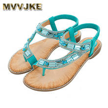 MVVJKE Ladies Summer Shoes Bohemian Style Blue Red Fashion Sandals Women Lattice Stripe Flat Sole Beach Shoes 2024 - buy cheap