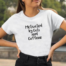 Motivated By Cats and Caffeine Print Tee Shirt Femme O-neck Short Sleeve Cotton T Shirt Women Loose T Shirts for Women Tops 2024 - buy cheap