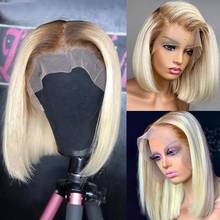 Pelucas de cabello humano Rubio ombré para mujer, pelo Remy brasileño liso 4T613, 613 Bob, encaje frontal, transparente, prearrancado 2024 - compra barato