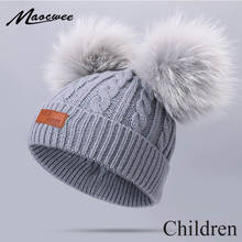 Baby Winter Double Pompon Beanie Hat For Children Knitted Warm Outdoor Thick Skullies Beanies With Real Natural Colored Fur Poms 2024 - buy cheap