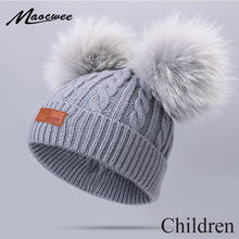 Gorro con pompón doble para bebé, gorro de punto para niños, cálido y grueso, para exteriores, con pompones de piel de colores naturales reales 2024 - compra barato