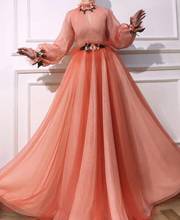 Orange Tulle Flowers Prom Dresses 2021 Long Sleeve O Neck Appliques Formal Evening Party Ball Gowns Robe De Soiree 2024 - buy cheap