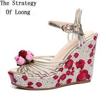 Summer New National Style Bling Wedges Peep Toe Platform Embroiders Cut-outs Genuine Leather Women Gladiator Sandals 0506 2024 - buy cheap