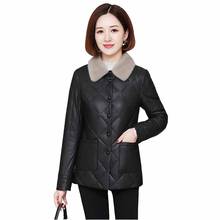 Chaqueta acolchada de cuero para mujer, abrigo corto de piel sintética con Cuello de piel de cordero, abrigo grueso y cálido de talla grande KW384, Otoño e Invierno 2024 - compra barato