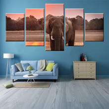 5 Panel Modular HD Printing Sunset African Elephant Landscape Painting Poster Home Decoration Wall Art Living Room Bedroom Mural 2024 - buy cheap