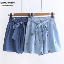 Japanese Mori Girl Flower Embroidery Thin Denim Shorts Women Summer Wide Leg Culottes Bow Sashes High Waist Loose Shorts Jeans 2024 - buy cheap