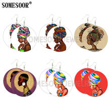 SOMESOOR Afro Ethnic Headwrap Woman Art Design Wooden Drop Earrings Black Tradition Painted Wood Round Loops Dangle Jewelry 2024 - buy cheap