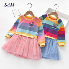2021 Girls Spring and Autumn Dresses Children's Long Sleeve Striped Colorful Rainbow Dresses Princess Cute Party Dress for Kids 2024 - buy cheap
